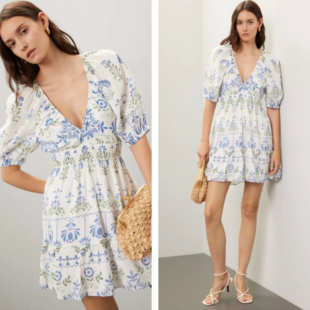 NEW Saylor Gracey Folk Floral Print Mini Dress Linen Puff Sleeve White Blue S